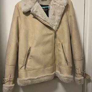 Hollister Cream Teddy Jacket Asymmetrical Zip Plush Lining